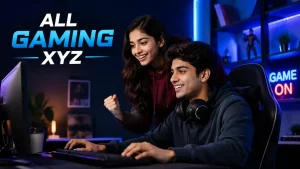 Two Indian Gen Z gamers in a modern neon-lit gaming setup, smiling while playing on a desktop PC, with the text “All Gaming XYZ” displayed in bold on the left side.