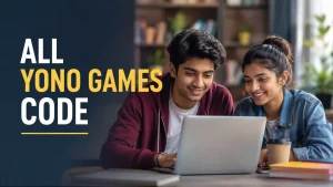 “Two Indian Gen Z students smiling while using a laptop in a modern study space, with bold text reading ‘All Yono Games Code’ on a clean dark background. Professional editorial-style blog featured image with warm lighting and minimal design.”