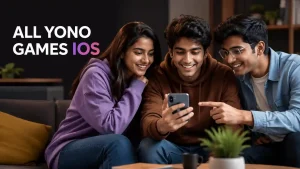 Three Indian Gen Z friends smiling and looking at a smartphone together in a modern living room, representing iOS Yono gaming apps. Clean editorial-style blog featured image with warm lighting, casual clothing, and bold “All Yono Games iOS” text on the side.
