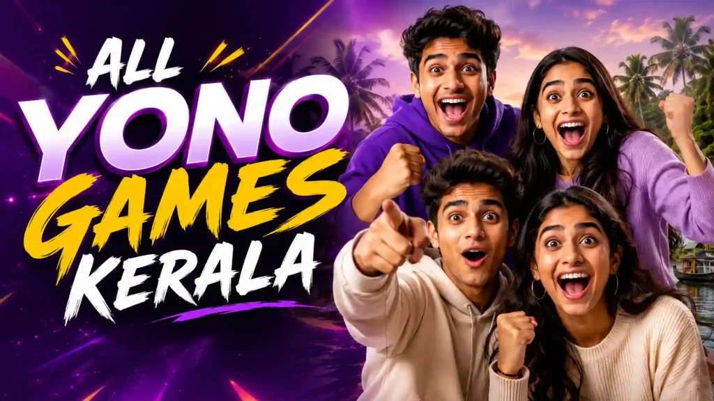 All Yono Games Kerala featured image with excited Indian Gen Z group celebrating beside Kerala backwaters in a bold gaming-style design