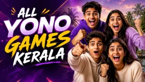 All Yono Games Kerala featured image with excited Indian Gen Z group celebrating beside Kerala backwaters in a bold gaming-style design