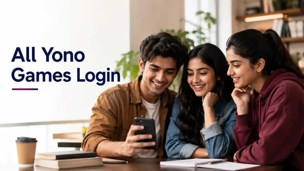 Three Indian Gen Z users checking a phone together for all Yono games login in a clean modern study lounge setting.
