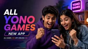 Two expressive Indian Gen Z users react excitedly while viewing the All Yono Games new app on a phone.