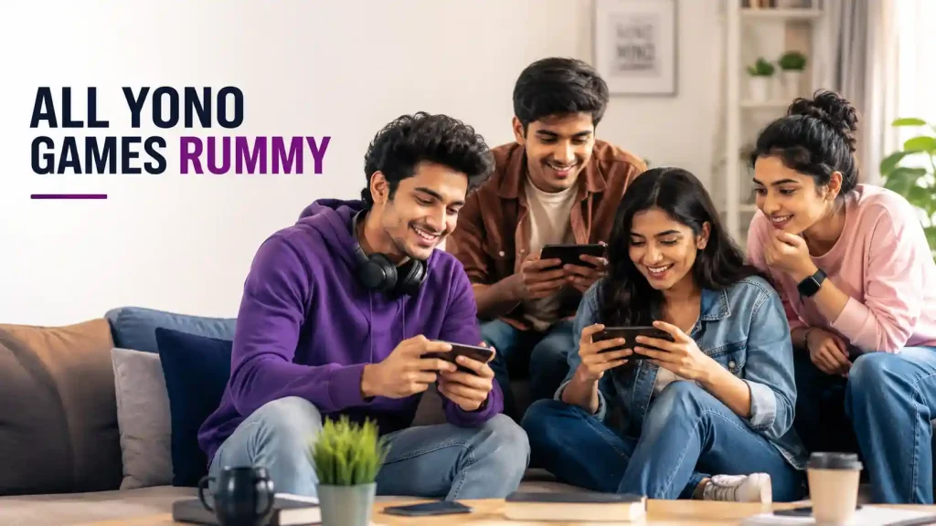 All yono games rummy guide showing Indian Gen Z friends using phones in a clean modern blog featured image.