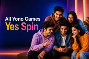 All Yono Games Yes Spin article image with Indian Gen Z group viewing a mobile screen in a colorful editorial setting.