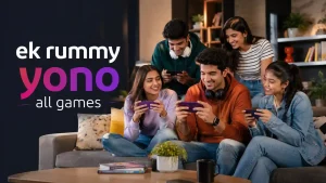 Indian Gen Z group reviewing ek rummy yono all games on mobile phones in a clean modern living room setting.