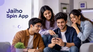 Indian Gen Z group exploring the Jaiho Spin App guide with app dashboard and navigation features on a modern mobile interface.