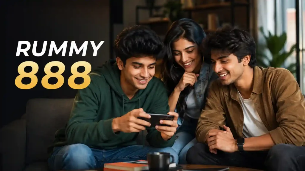 Three Indian Gen Z friends sit together in a modern, cozy living room, smiling and looking at a smartphone. The featured image uses warm lighting, soft shadows, and a clean editorial layout, with the text “Rummy 888” displayed prominently on the left against a dark background. The scene conveys a casual digital gaming and social entertainment theme without showing cards, gambling symbols, or betting-related visuals.