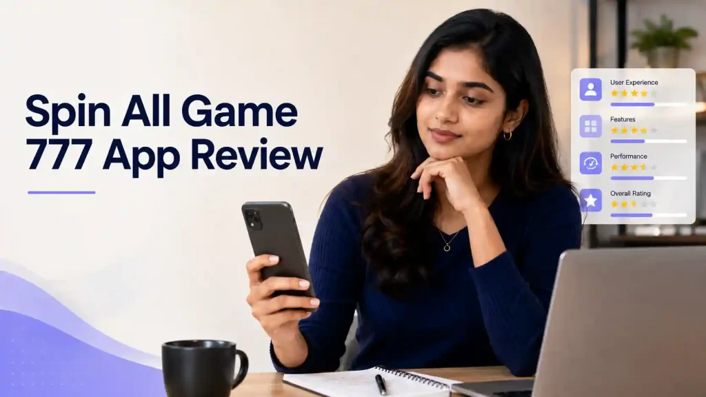 Indian Gen Z woman reviewing the Spin All Game 777 app in a modern workspace with clean review rating graphics.