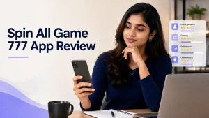 Indian Gen Z woman reviewing the Spin All Game 777 app in a modern workspace with clean review rating graphics.