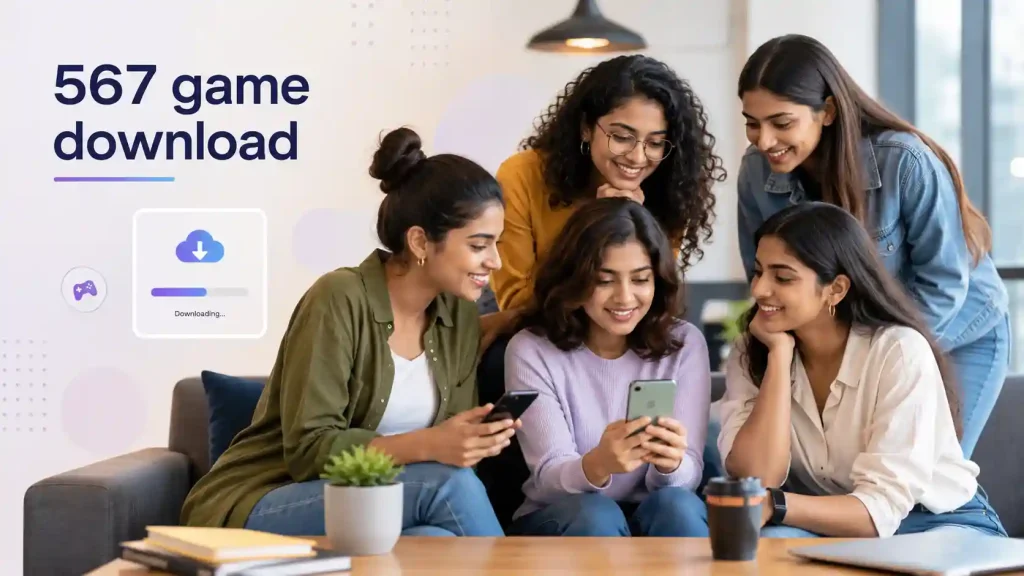 Five Indian Gen Z women smiling together in a modern indoor lounge while looking at smartphones, with a clean “567 game download” headline and simple app download graphic on the side.