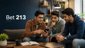 Alt text: Three Indian Gen Z men in a modern lounge discussing Bet 213 on a smartphone, with a clean editorial layout and professional blog-style design.
