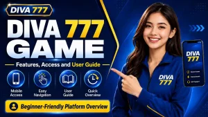 Modern Diva 777 Game promotional banner with bold blue and yellow text, feature icons, a smiling woman in branded clothing, and a floating smartphone showing platform access details.