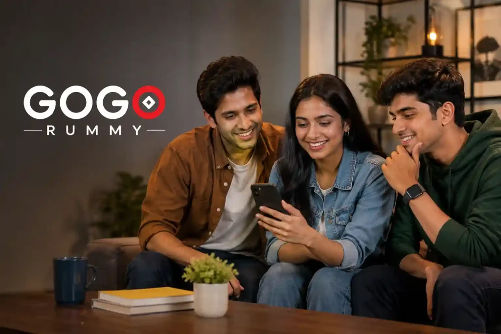 Three Indian Gen Z adults—one woman and two men—sit together on a sofa in a modern living room, smiling while looking at a smartphone. The featured image includes the text “Gogo Rummy” on the left and uses warm lighting, soft shadows, and a clean editorial design to represent a guide or informational article about the Gogo Rummy platform.