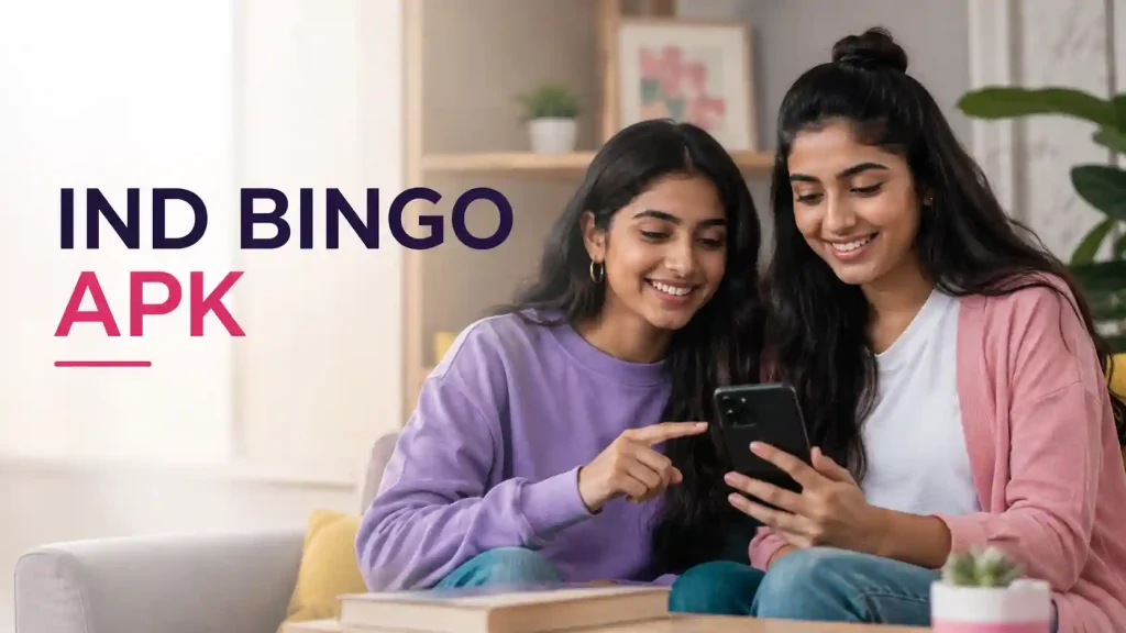 Two Indian Gen Z women sitting together on a sofa, smiling while using a smartphone in a modern, well-lit living room. The featured image includes the title “IND Bingo APK” with a clean editorial design, soft natural lighting, and a trustworthy, technology-focused atmosphere suitable for an informational blog article about app installation and access.
