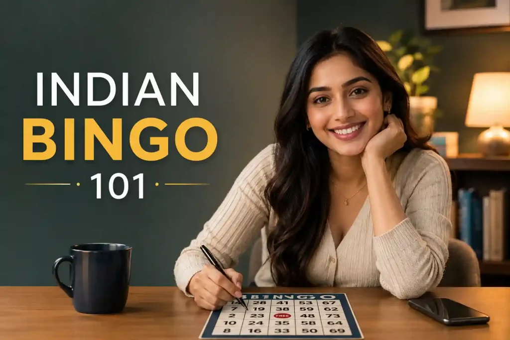Indian woman using a numbered bingo sheet for an Indian Bingo 101 beginner guide.