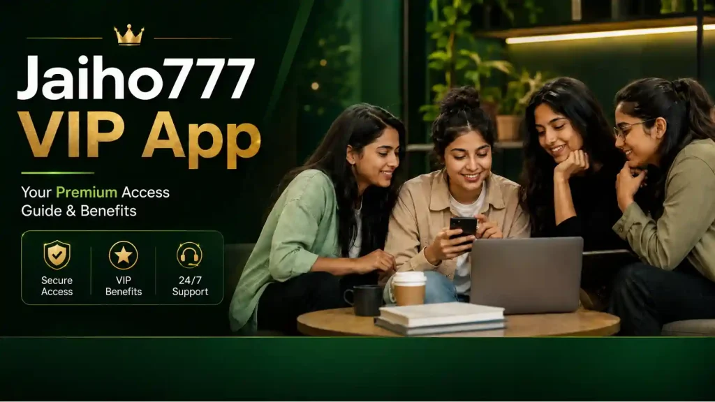 Jaiho777 VIP App promotional banner with four Indian Gen Z women smiling around a laptop and phone, using a dark green and gold premium design theme.