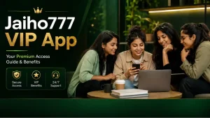 Jaiho777 VIP App promotional banner with four Indian Gen Z women smiling around a laptop and phone, using a dark green and gold premium design theme.