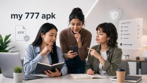 Three Gen Z women reviewing My 777 APK permissions and installation safety in a modern workspace.