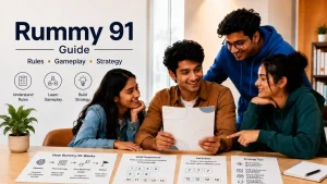 Four Indian Gen Z students discussing Rummy 91 guide materials in a modern study room, with rule, gameplay, sequence, set, and strategy sheets on the table.