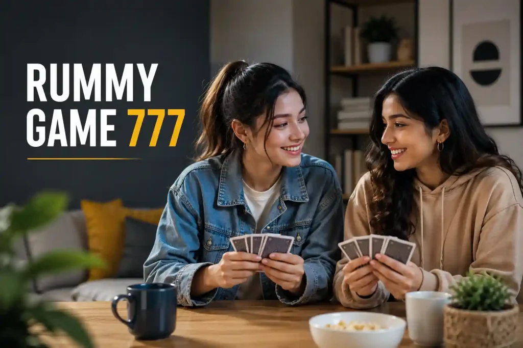 Two Gen Z women sit across from each other in a modern living room, smiling while holding playing cards at a table with coffee mugs and snacks. The clean editorial-style image features soft lighting and the text “Rummy Game 777” on the left, creating a polished and inviting blog featured image.