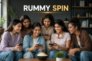 Six diverse Gen Z women smiling and using smartphones together in a modern living room, representing the concept of Rummy Spin in a clean, editorial-style blog featured image with minimal text and a professional, trustworthy design.