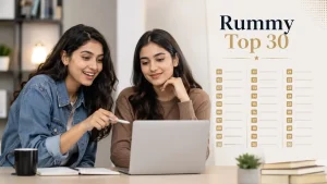 Two Gen Z women reviewing a Rummy Top 30 guide beside a clean numbered ranking layout.