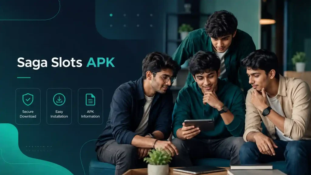 Four Indian Gen Z men reviewing Saga Slots APK information on a tablet in a modern teal workspace.