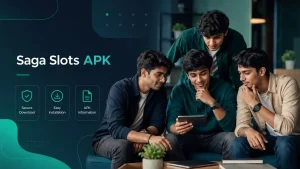 Four Indian Gen Z men reviewing Saga Slots APK information on a tablet in a modern teal workspace.