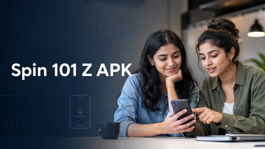 Two young Indian women reviewing a smartphone together in a modern workspace, with clean text reading “Spin 101 Z APK” for an informational app guide.