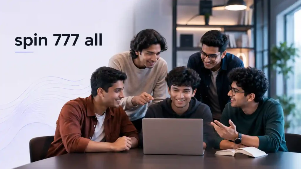 Five stylish Indian Gen Z men collaborating around a laptop in a modern office setting, with “spin 777 all” displayed in a clean premium blog banner design.
