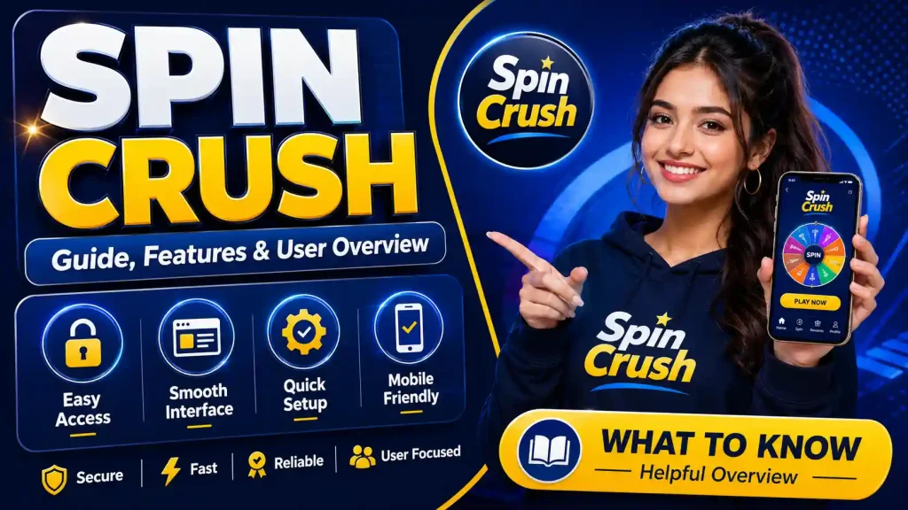 Spin Crush feature image with bold app guide headline, blue and yellow UI panels, feature icons, and a smiling young woman holding a smartphone.