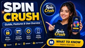 Spin Crush feature image with bold app guide headline, blue and yellow UI panels, feature icons, and a smiling young woman holding a smartphone.