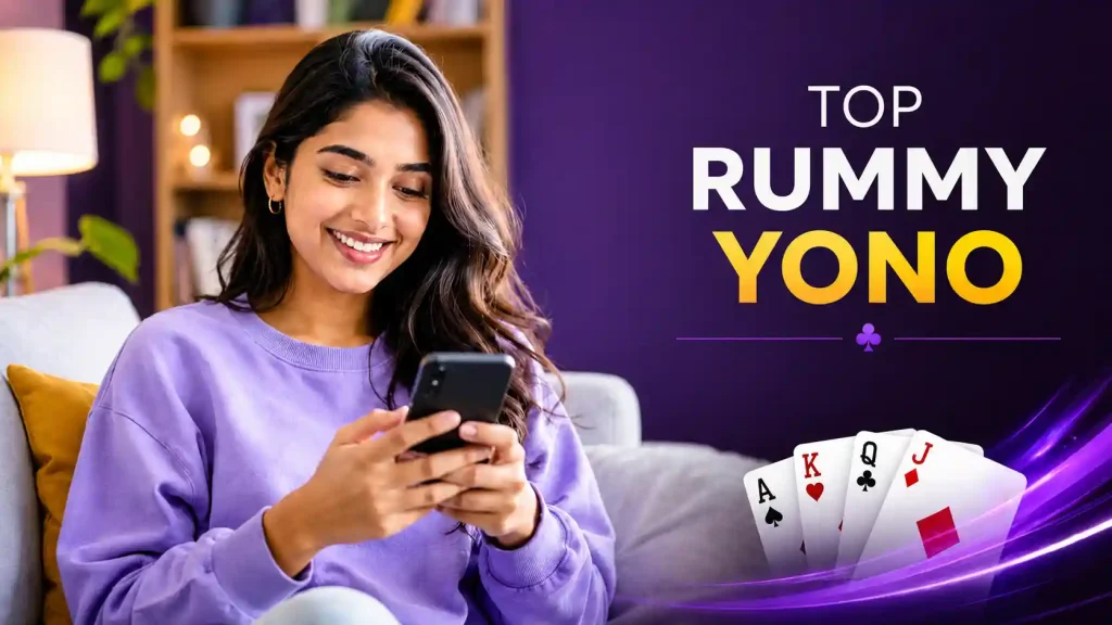 Young Indian woman using a smartphone in a bright modern living room with Top Rummy Yono text, styled as a clean blog featured image.
