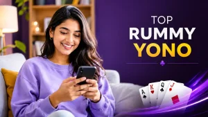 Young Indian woman using a smartphone in a bright modern living room with Top Rummy Yono text, styled as a clean blog featured image.