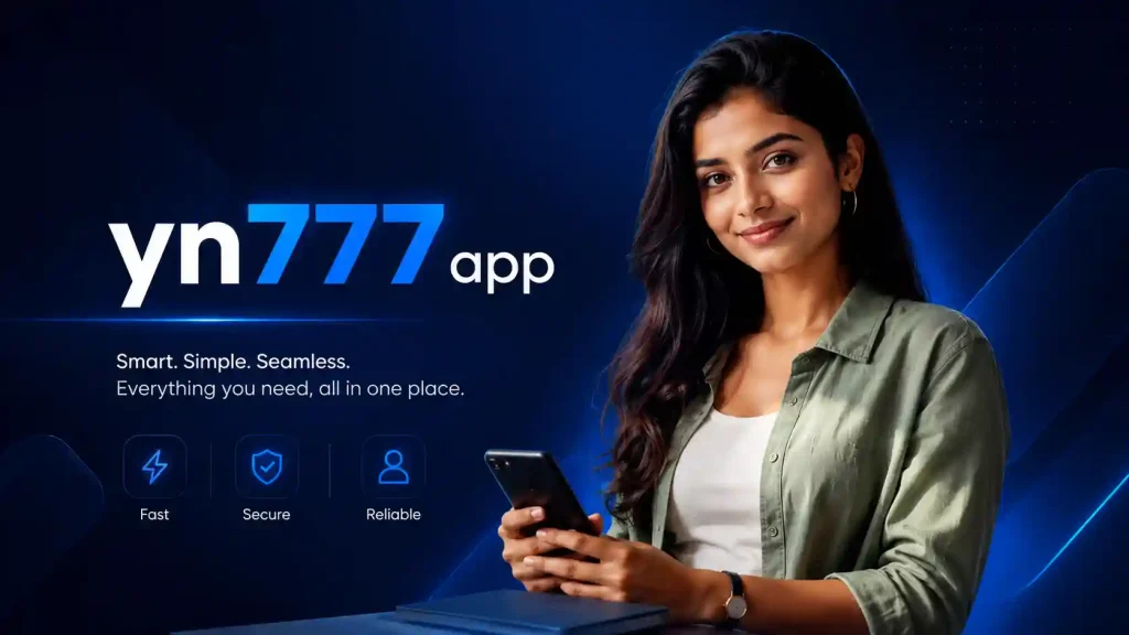 Professional yn777 app featured image showing a smiling Indian Gen Z woman holding a smartphone against a dark blue ad-style background, with the text “yn777 app” and clean icons representing fast, secure, and reliable use.