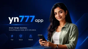 Professional yn777 app featured image showing a smiling Indian Gen Z woman holding a smartphone against a dark blue ad-style background, with the text “yn777 app” and clean icons representing fast, secure, and reliable use.
