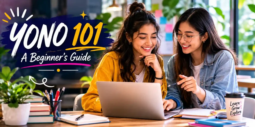 Two Gen Z women sit together at a desk, smiling and collaborating while looking at a laptop in a bright, modern study space. The featured image includes the title “YONO 101: A Beginner’s Guide” and showcases a clean, educational atmosphere with notebooks, books, plants, and natural lighting, conveying learning, guidance, and getting started with a topic.