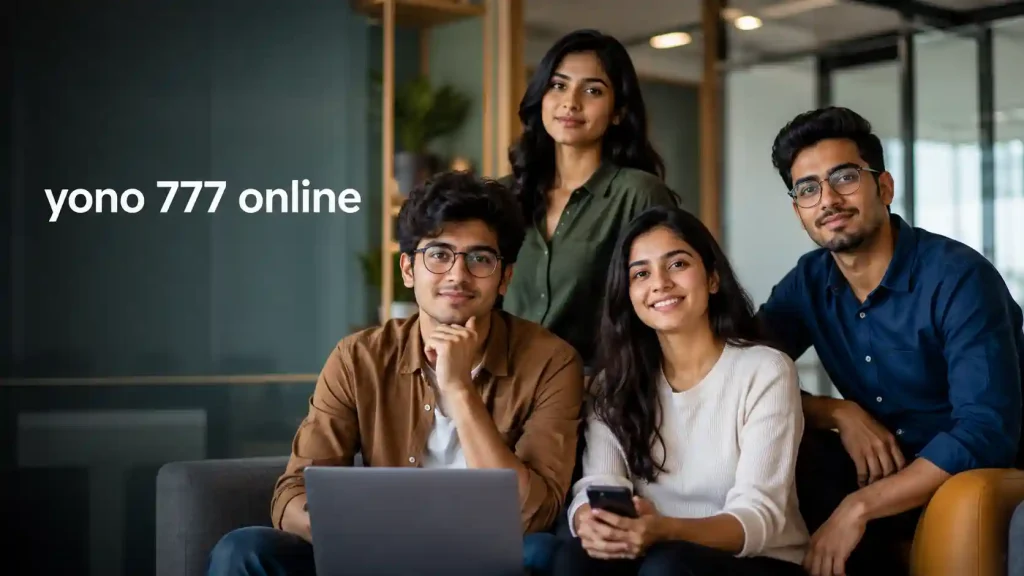 Four Indian Gen Z adults in a modern office lounge with the text “yono 777 online,” shown in a clean editorial style for an informational blog article.
