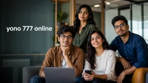 Four Indian Gen Z adults in a modern office lounge with the text “yono 777 online,” shown in a clean editorial style for an informational blog article.