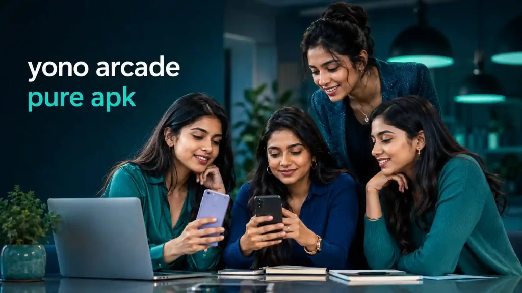 Four stylish Indian Gen Z women reviewing mobile app information in a modern blue-green workspace for yono arcade pure apk