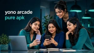 Four stylish Indian Gen Z women reviewing mobile app information in a modern blue-green workspace for yono arcade pure apk