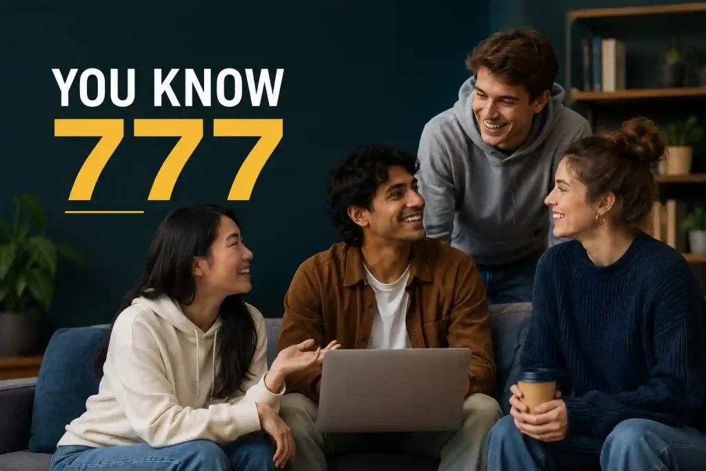 You Know 777 overview with four Gen Z friends discussing a laptop in a modern lounge.