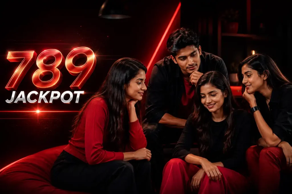 Four young Indian adults in black and red clothing pose in a dark lounge beside shiny red-and-silver “789 Jackpot” text.