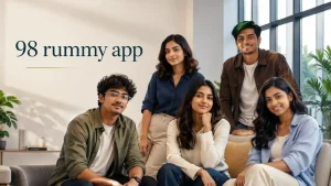 98 Rummy app featured image with five young Indian adults in a modern workspace setting.