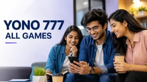 Three Indian Gen Z young adults—two women and one man—smile while looking at a smartphone in a modern indoor setting, with the headline “YONO 777 All Games” displayed on the left. The clean editorial-style featured image uses realistic lighting and a minimalist layout to represent an informational article about the YONO 777 All Games platform, without gambling-related visuals or promotional elements.