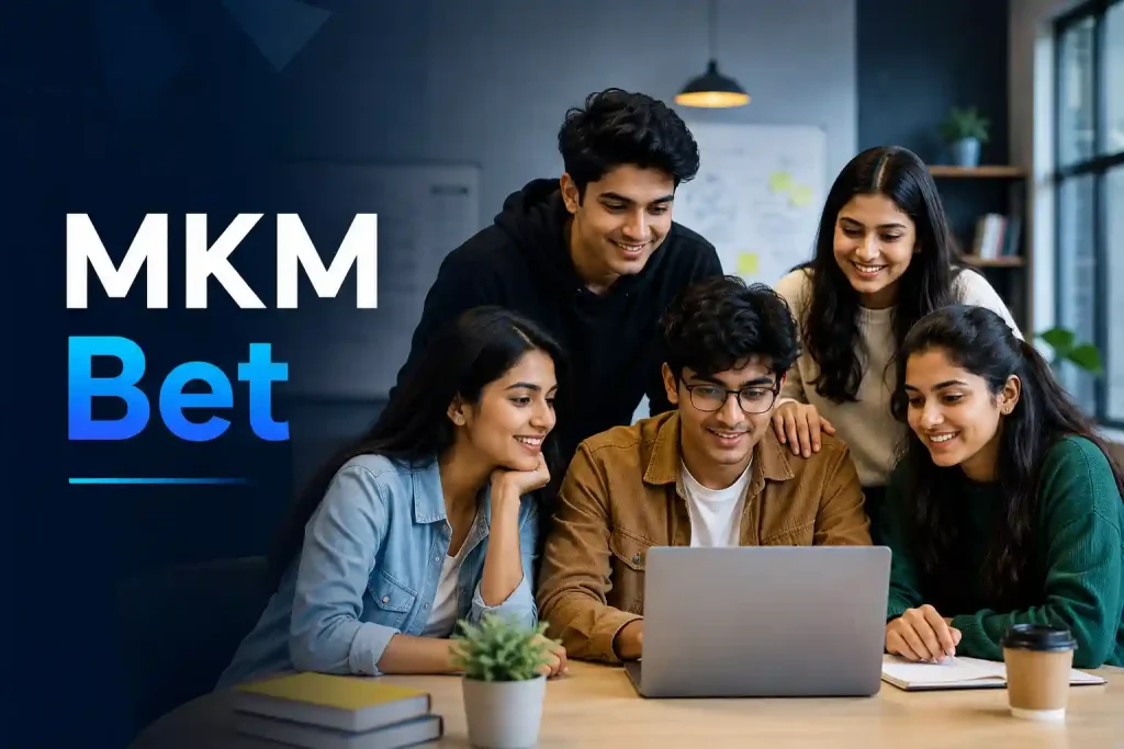 Five Indian Gen Z professionals collaborating around a laptop in a modern office, representing the MKM Bet guide with a clean, editorial-style website banner and minimal design.