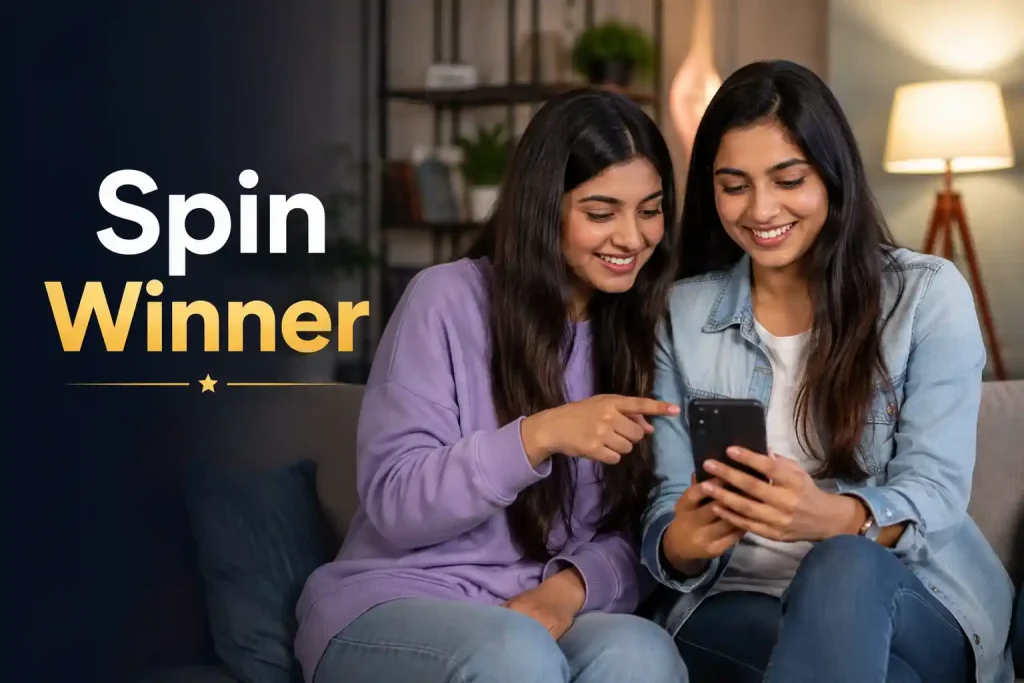 Spin Winner guide featuring two Indian women using a smartphone in a modern indoor setting.