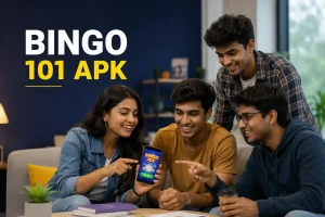 Four Indian Gen Z friends (three men and one woman) sit together in a modern, cozy indoor setting, smiling and engaged while looking at a smartphone displaying a “Bingo 101” app interface. The group appears excited and focused as they interact with the device. Large on-image text reads “BINGO 101 APK,” set against a clean, dark-blue background with warm lighting and soft shadows, creating a polished editorial-style blog featured image.