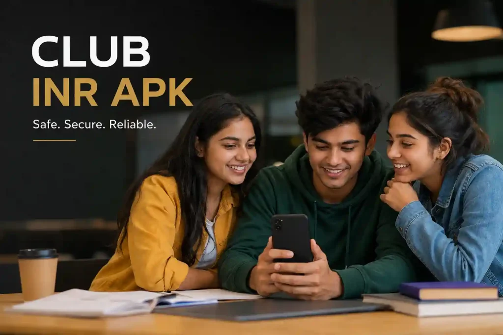 Three Indian Gen Z friends sit together at a study table for club inr apk, smiling as they look at the back of a smartphone held by the person in the middle. The left side of the image features the text "CLUB INR APK" with the tagline "Safe. Secure. Reliable." against a modern indoor background with books, notebooks, a coffee cup, and a laptop on the table.
